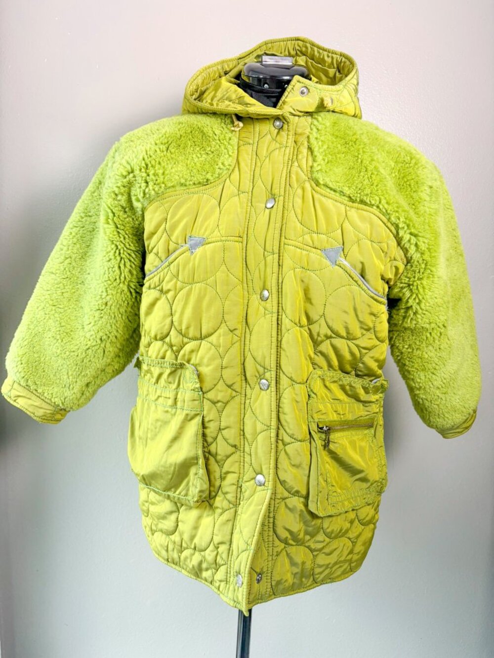 VTG Oilily Chartreuse Green Quilted Fleece Mixed Media Hooded Jacket 128cm 7/8